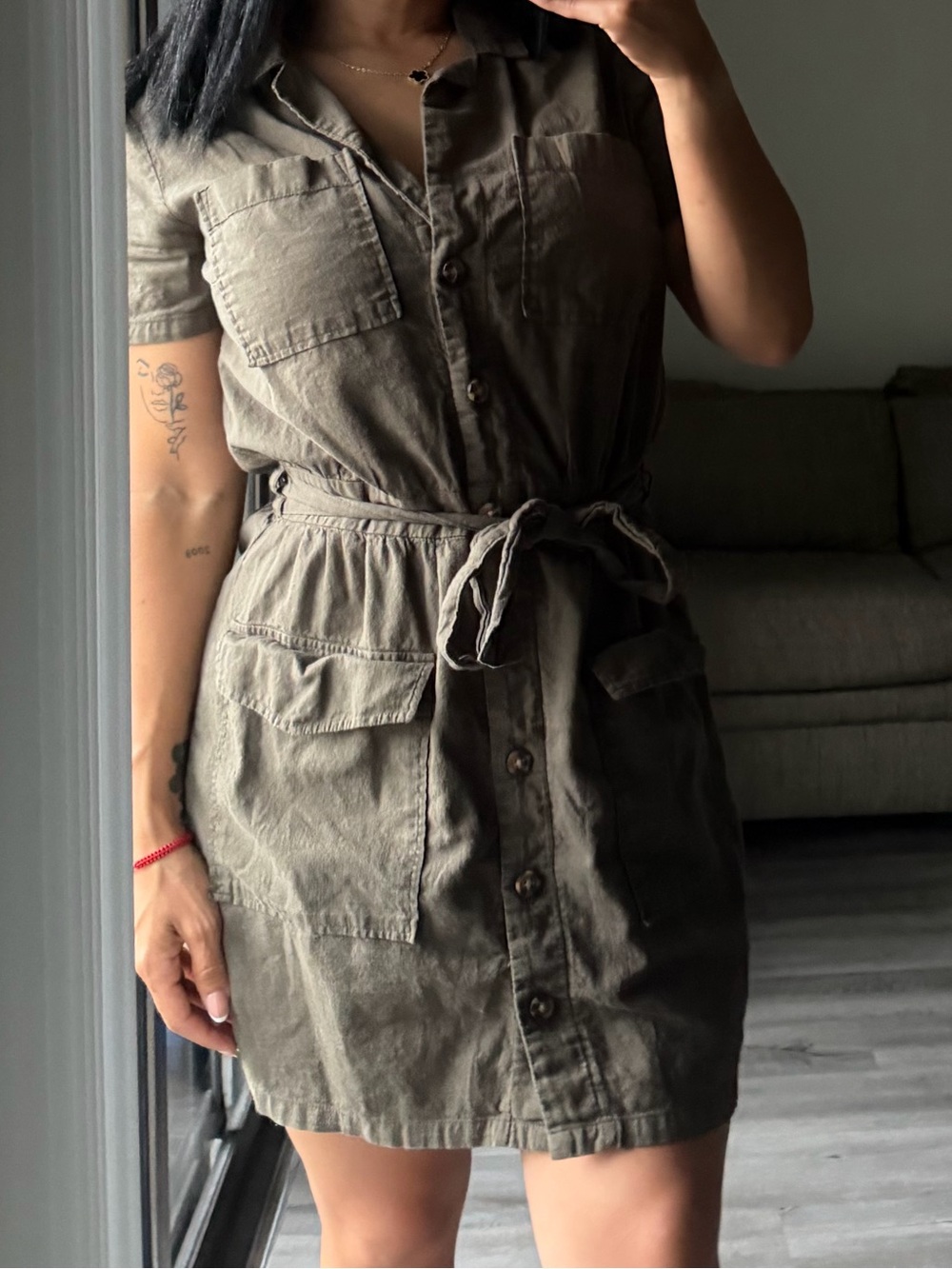 H&M Olive Green Button-Front Midi Shirt Dress